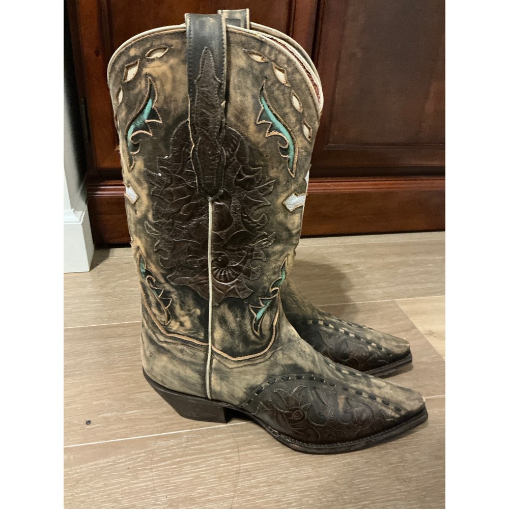 Dan Post Boots Western Brown Distressed Leather Silver Cross Snip Toe Size 10 - Picture 3 of 5